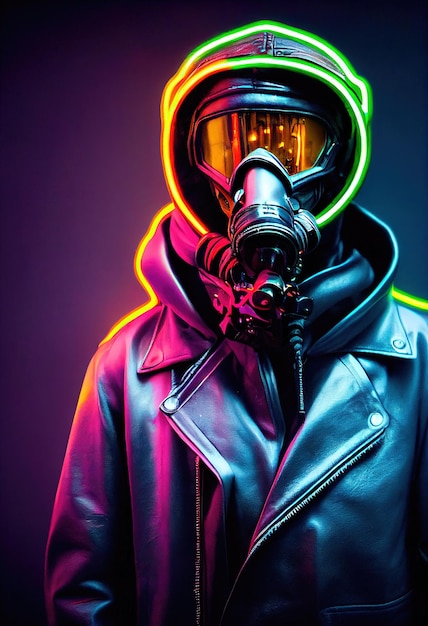 A stalker survivor in protective clothing and an neon gas mask\
survivor of nuclear war