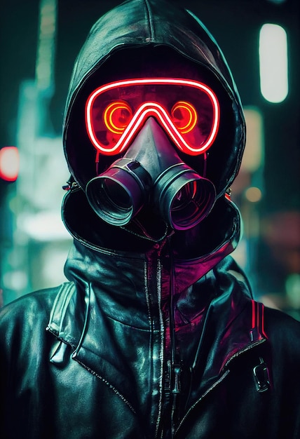 A stalker survivor in protective clothing and an neon gas mask\
survivor of nuclear war