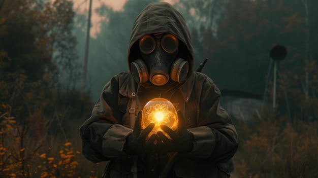 Преследователь в форме и газовой маске держит в руках светящуюся аномалию.