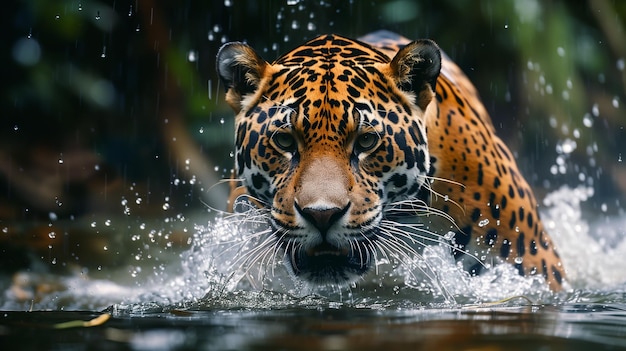 Photo stalking jaguar in water
