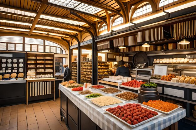 写真 イタリアのボローニャ市にあるmercato delle erbeの屋内食品市場のスタンド