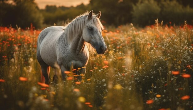 Stallion grazes in meadow enjoying freedom generated by AI