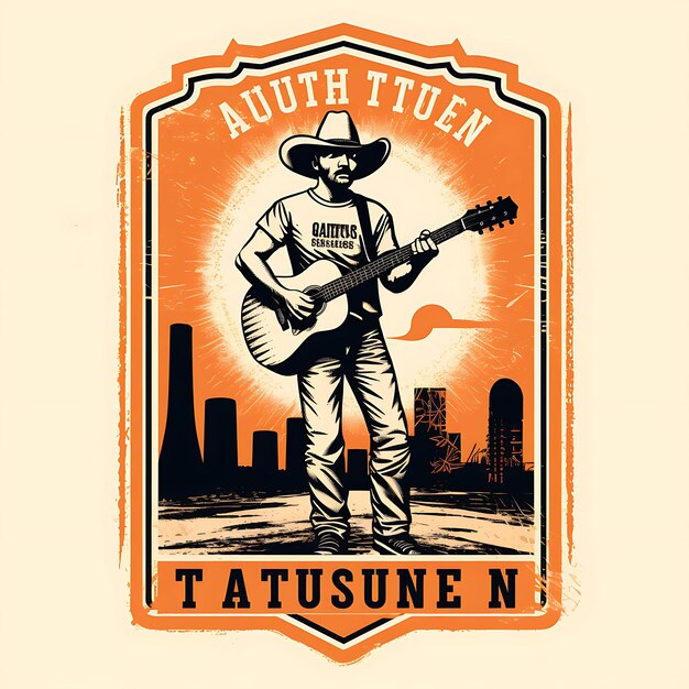 Photo stamp of austin with monochrome orange color guitar and cowboy hat de scribbles clipart tshirt art