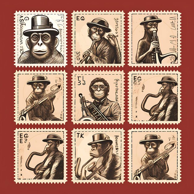 写真 サクソフォンとwコレクションの2dフラットタトゥーを演奏するミュージシャンのスーツを着た猿の哺乳類のスタンプカード