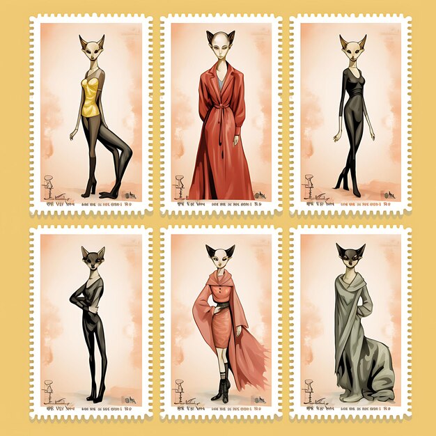 Photo stamp card oriental shorthair cat with fashion model attire strutting d collection 2d flat tattoo