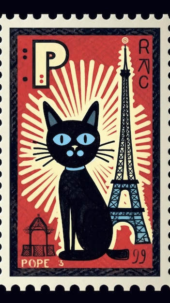 A stamp cat in Paris pop art