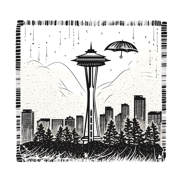 Photo stamp of seattle with monochrome gray color space needle and raindrop scribbles clipart tshirt art