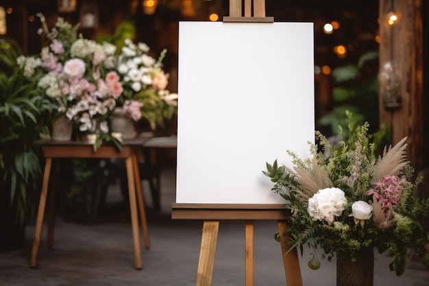 Stand adorned with blank white board awaiting wedding memories to be showcased