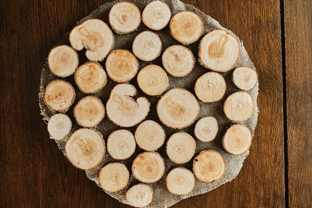 Stand made of wooden circles in brown