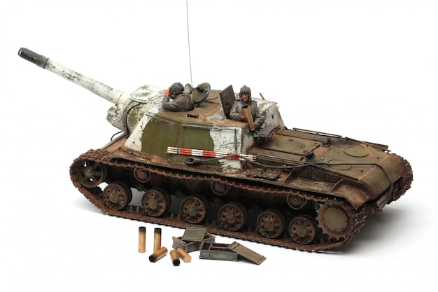 Photo stand model of a military battle tank on a white background