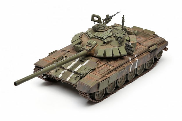 Photo stand model of a military battle tank on a white surface