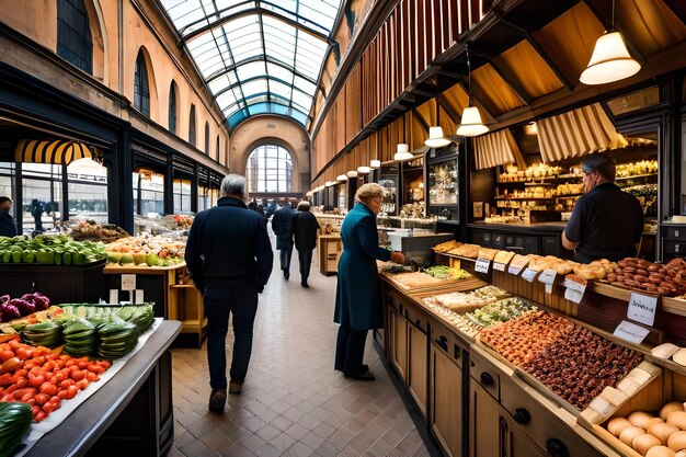 Foto stand op de mercato delle erbe, een overdekte voedselmarkt in de stad bologna, italië