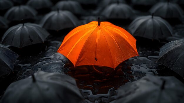 Photo stand out in a crowd a lone orange umbrella among black ones