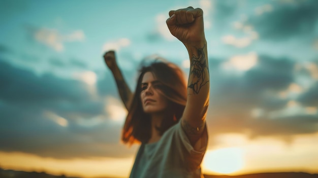 Foto essere forti donna con il pugno in aria sentirsi motivati dal concetto di forza e coraggio