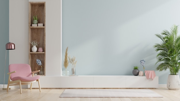 Stand TV in modern living room,Interior of a bright living room with armchair on empty blue wall