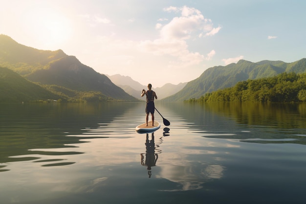 Stand-up paddleboarden op een rustig meer met een zomerse achtergrond in de bergen