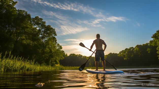 Foto stand up paddleboarding unisce la forma fisica alla natura