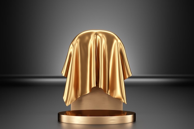 A stand with a golden background or a podium pedestal covered with a golden cloth Golden podium for your product on a dark background Podium for your product design 3D rendering