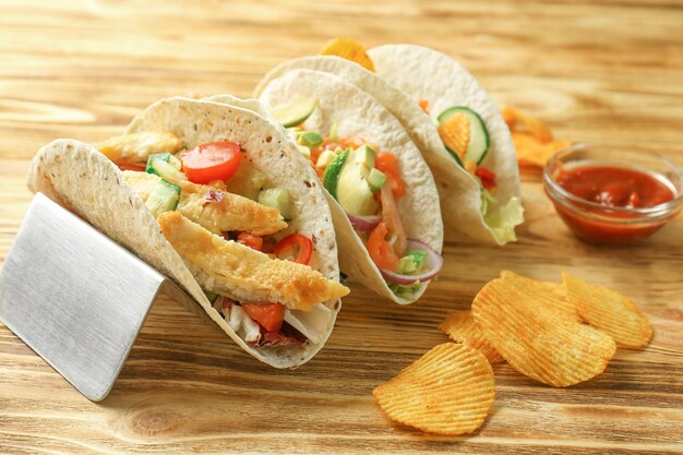 Stand with tasty fish tacos on wooden background