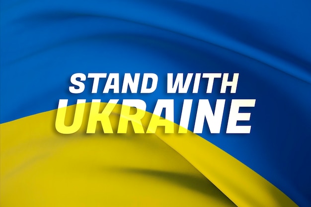 Stand con il tema della bandiera del testo dell'ucraina sventolando la bandiera nazionale dell'ucraina sventolando il rendering 3d di primo piano altamente dettagliato
