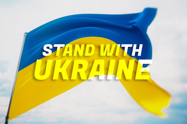 Stand with Ukraine text flag theme Waving national flag of Ukraine Waved highly detailed closeup 3D render