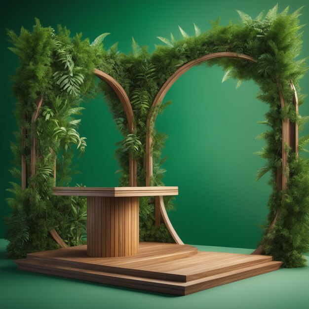 Stand wooden podium for product disply on green background with leaves tree