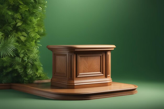 Stand wooden podium for product disply on green background with leaves tree