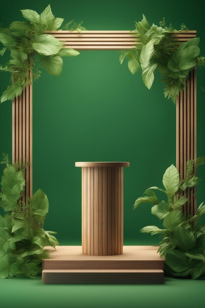 Stand wooden podium for product disply on green background with leaves tree