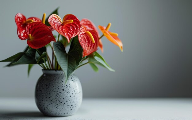 白い背景の麗で近代的な花瓶に立つ独立したアンチュリウム花