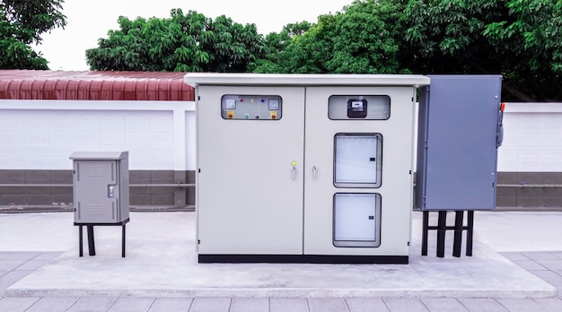 Standalone electrical switchboard for small business, Main substation with breaker and power button to distribute electricity supply