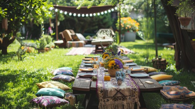 A standalone picnic table set up in a spacious yard surrounded by green grass under a clear sky on a