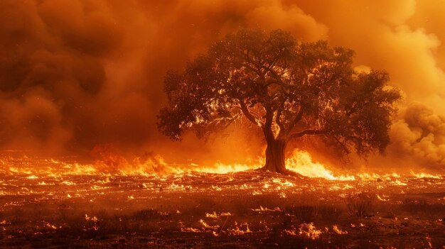 Photo a standalone tree surrounded by a sea of orange and red as it succumbs to the scorching flames