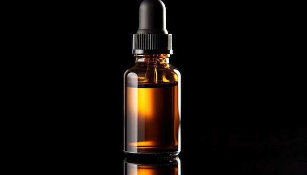 standard amber 2 oz glass dropper bottle filled with water Black background Dramatic lighting