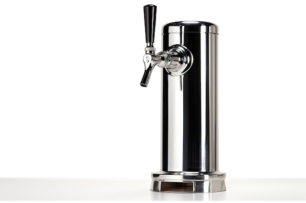 A standard chrome draft beer dispenser placed on a white background all by itself