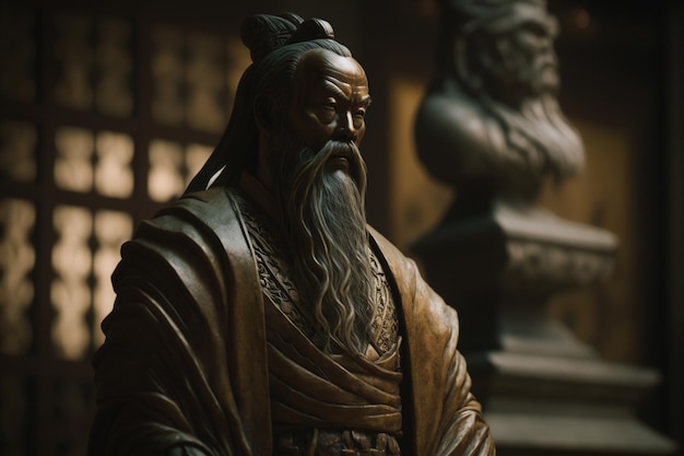 Standbeeld van Confucius in een traditionele Chinese kamer