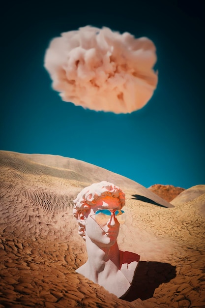 Standbeeld van david door michelangelo met zonnebril half begraven op het zand van een woestijnblauwe lucht met een enkele wolk in het midden van de lucht