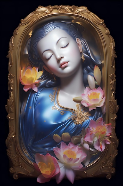 Standbeeld van de Maagd Maria met lotusbloemen op zwarte achtergrond