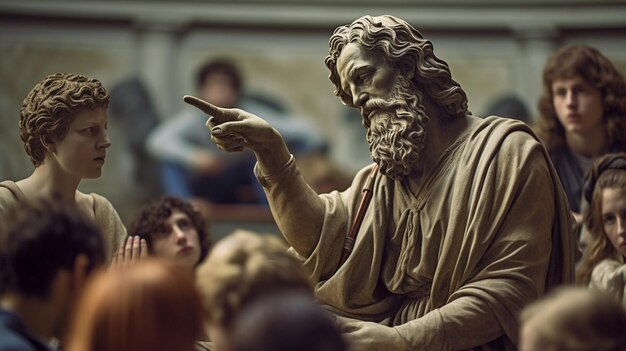 Standbeeld van een Romeinse god die naar een groep mensen wijst