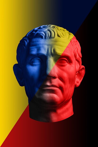 Standbeeld van guy julius caesar octavianus augustus. creatief concept kleurrijke neon afbeelding met oude romeinse sculptuur guy julius caesar hoofd. webpunk, vaporwave en surrealistische kunststijl. blauw, rood en geel.