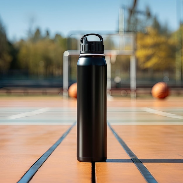 standing aluminum water bottle with a black cap mockup