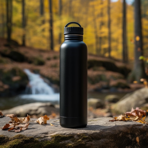 standing aluminum water bottle with a black cap in the nature