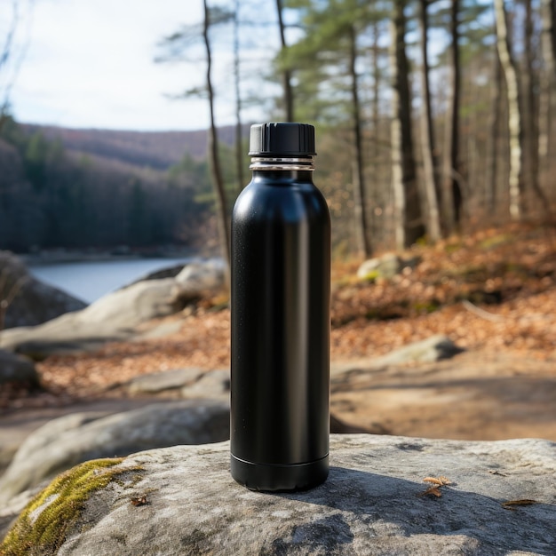 standing aluminum water bottle with a black cap in the nature