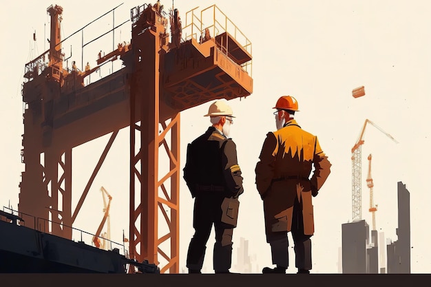 Standing atop a crane at a building site are a manager and a foreman wearing helmets a supervisor or inspector in charge of the construction process Worker flat color image on white backgroun