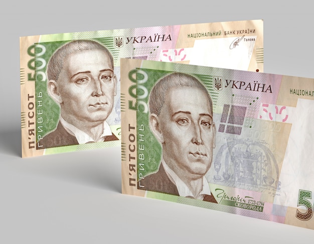 Standing banknotes of ukrainian money hryvnia