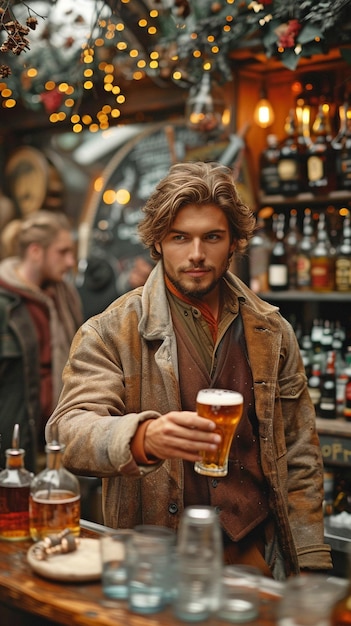 Standing in the bar a Caucasian barman pours beer