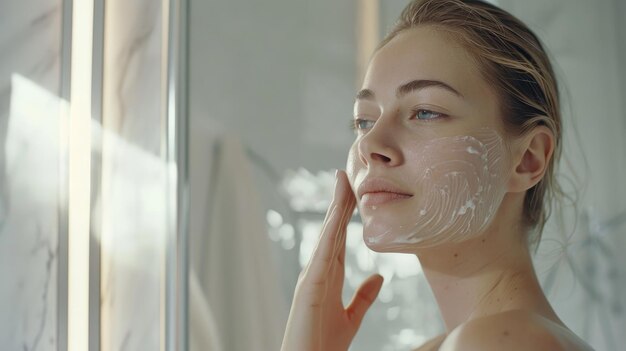 Standing in the bathroom a woman touches the face of her perfect smooth skin