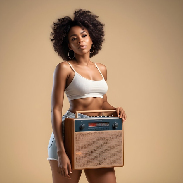 Standing beautiful black woman chilling out in summer with a big radio