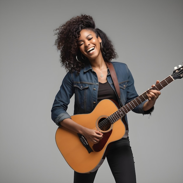 Standing Beautiful smiling black woman guitarist playing her guitar on a plain background