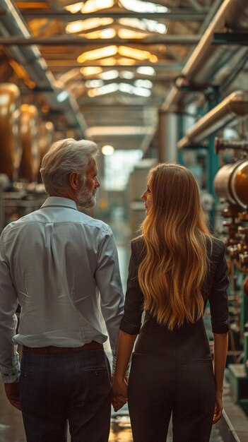 Standing beneath a metal pipe in the plant are a businesswoman and a senior businessman