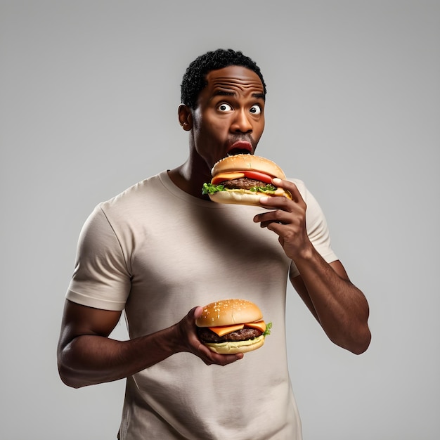 Standing black man eating a hamburger on a plain background